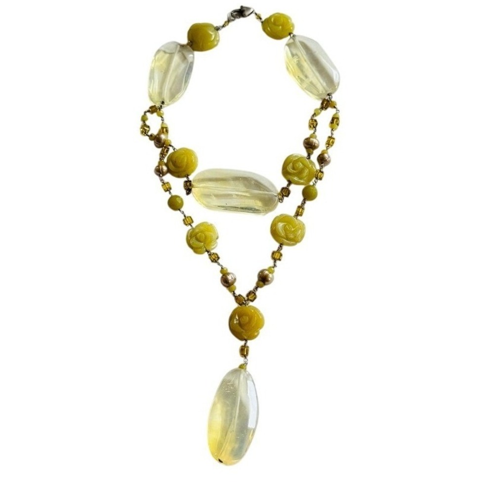 VTG lemon quartz rose carved Y-Drop Necklace 90s 925 Sterling choker rare 14.5"